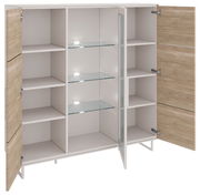 Offenes Highboard mit Holztüren und Glasregalen, frontale Perspektive