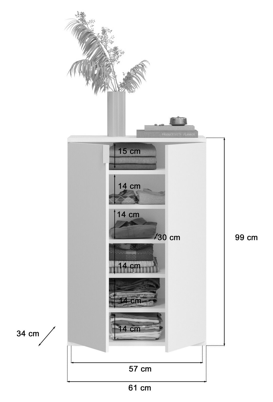 Garderobenkombination mit offenen Türen, zeigt mehrere Regalböden mit gefalteter Kleidung und Accessoires. Perspektive von vorne.