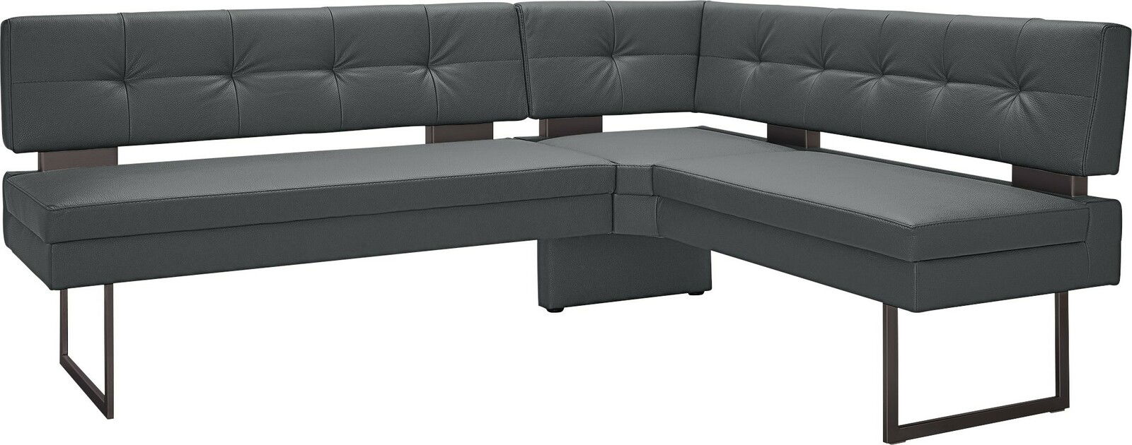 Moderne Eckbank in dunklem Leder mit Metallbeinen, seitliche Perspektive