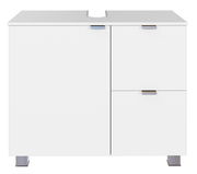 Moderner weißer Waschbeckenunterschrank mit zwei Türen und einer Schublade, frontal betrachtet.