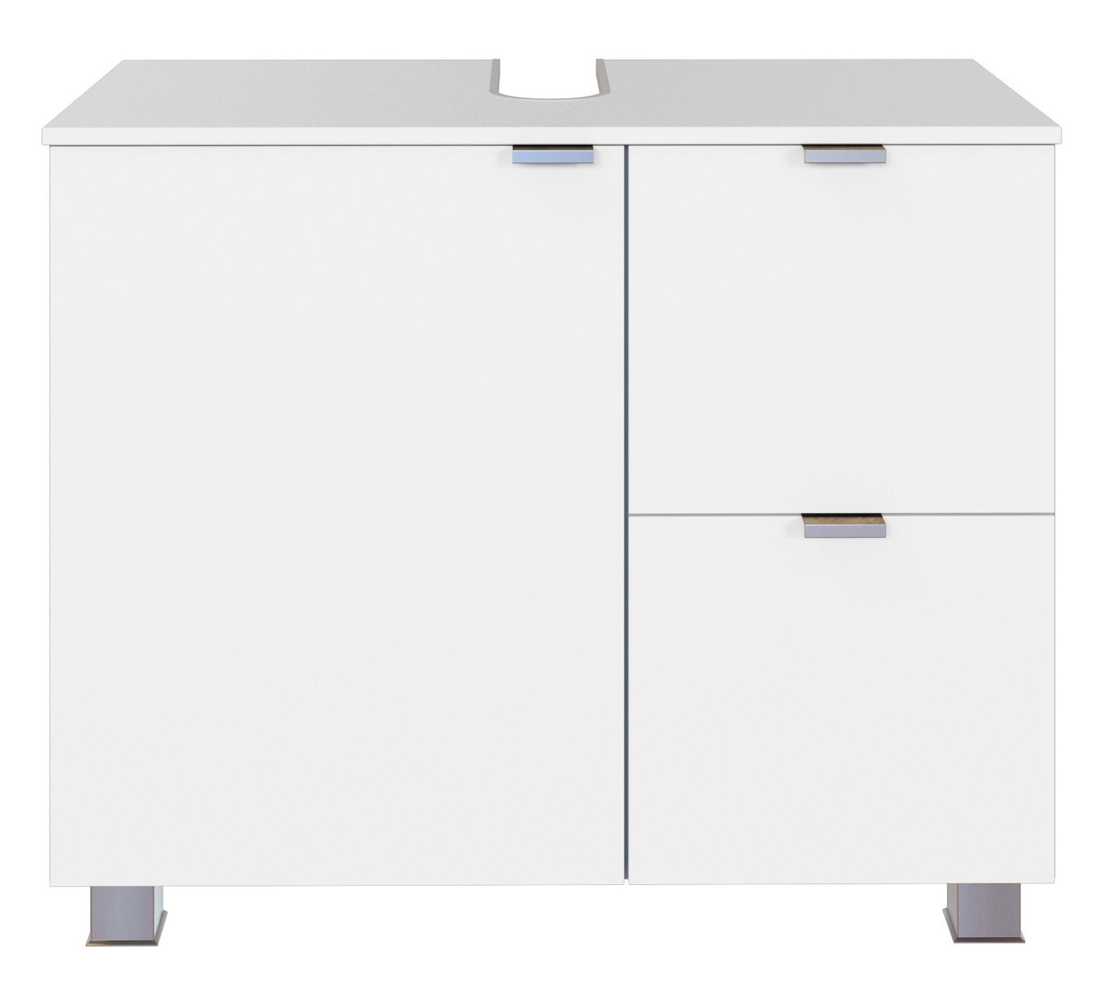 XORA Waschbeckenunterschrank BOGOTA Moderner weißer Waschbeckenunterschrank mit zwei Türen und einer Schublade, frontal betrachtet.