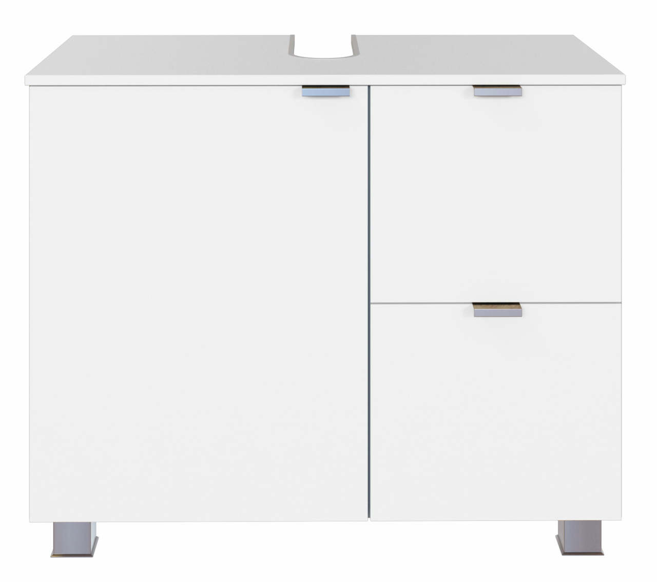 XORA Waschbeckenunterschrank BOGOTA Moderner weißer Waschbeckenunterschrank mit zwei Türen und einer Schublade, frontal betrachtet.