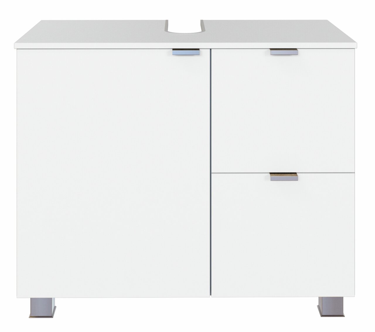 Moderner weißer Waschbeckenunterschrank mit zwei Türen und einer Schublade, frontal betrachtet.