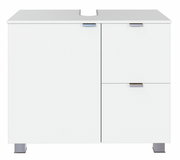 Moderner weißer Waschbeckenunterschrank mit zwei Türen und einer Schublade, frontal betrachtet.
