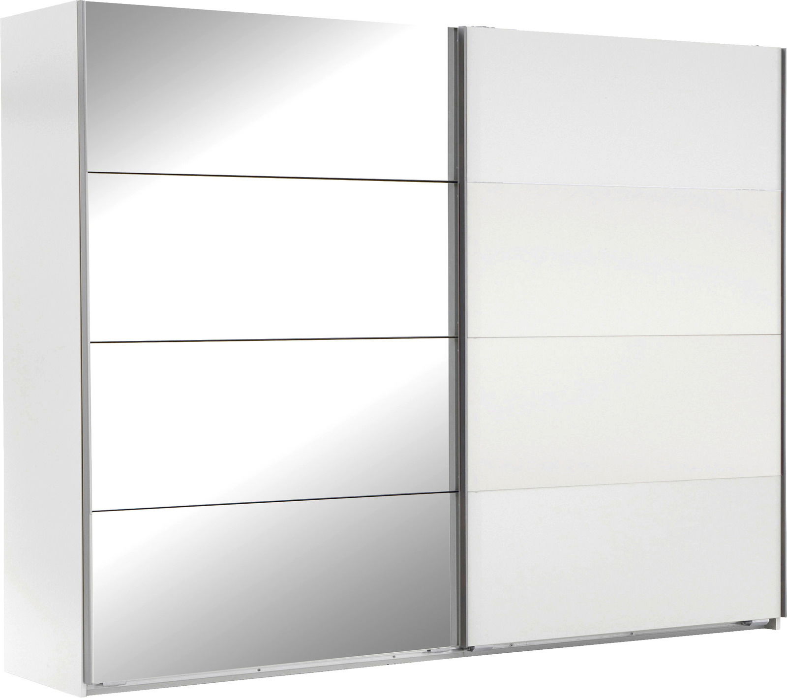 Zweiflügeliger Schwebetürenschrank mit einer Spiegeltür und einer weißen Tür, seitliche Perspektive