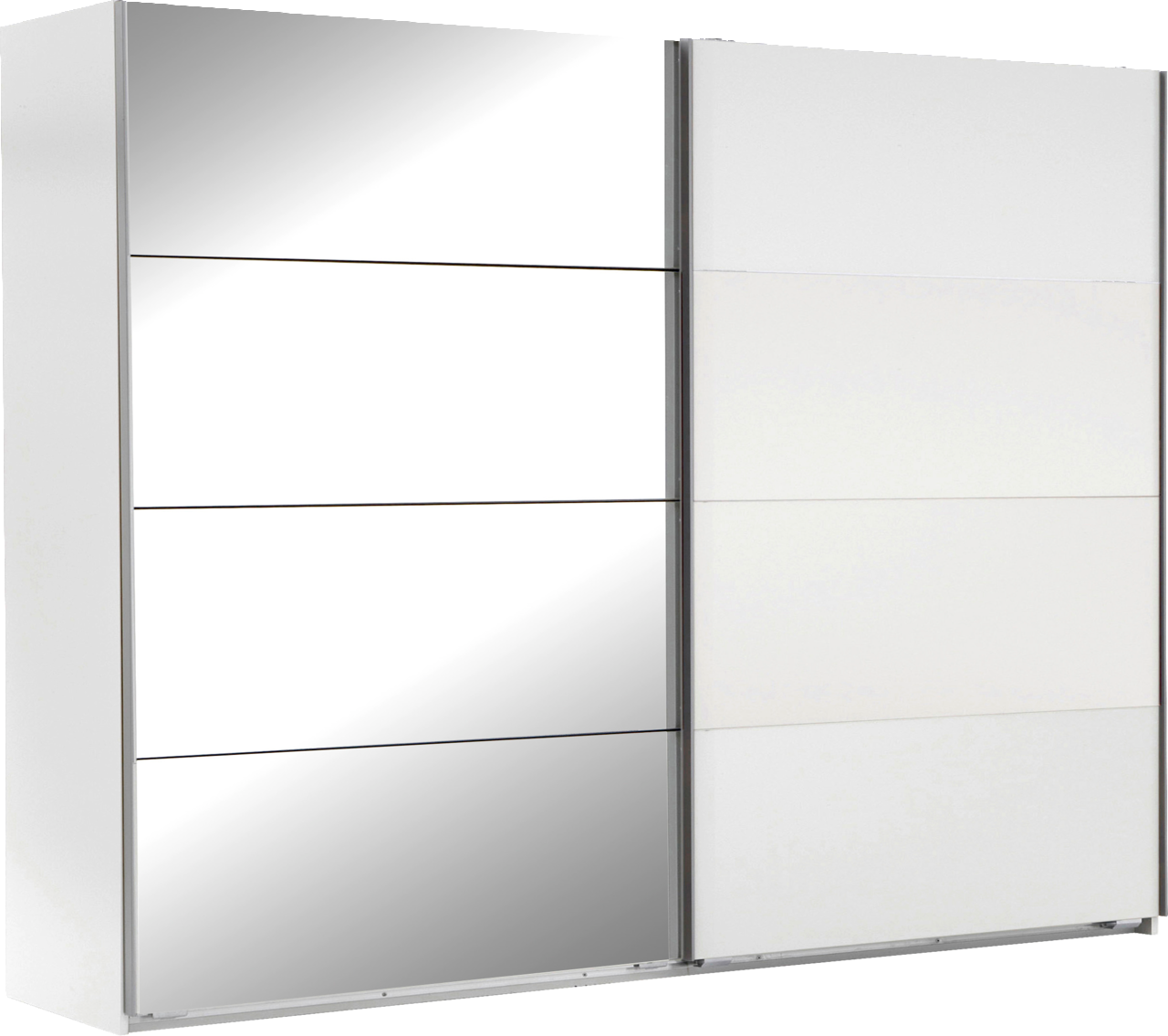 Zweiflügeliger Schwebetürenschrank mit einer Spiegeltür und einer weißen Tür, seitliche Perspektive