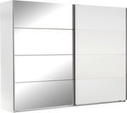 Zweiflügeliger Schwebetürenschrank mit einer Spiegeltür und einer weißen Tür, seitliche Perspektive