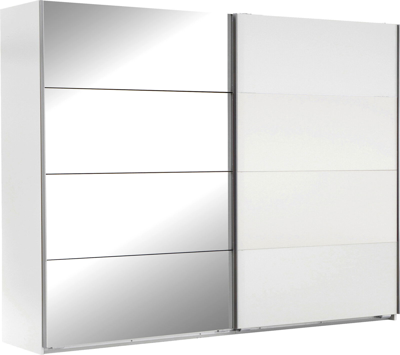 Zweiflügeliger Schwebetürenschrank mit einer Spiegeltür und einer weißen Tür, seitliche Perspektive