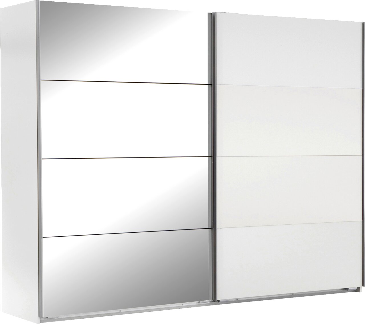 Zweiflügeliger Schwebetürenschrank mit einer Spiegeltür und einer weißen Tür, seitliche Perspektive