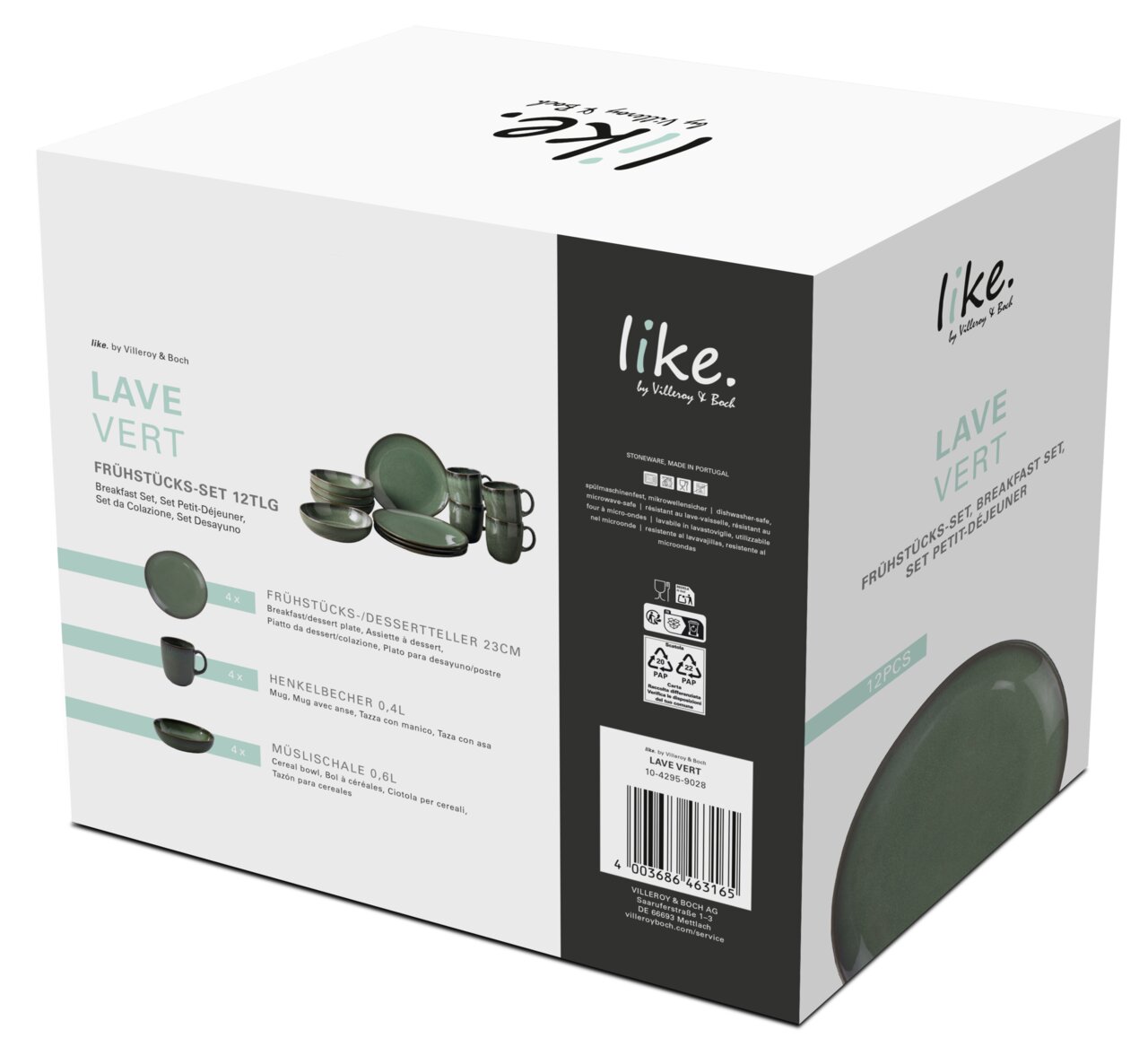 Verpackung des 12-teiligen Frühstücks-Sets 'Lave Vert' von Villeroy & Boch, schräg von vorne fotografiert, zeigt Teller, Tassen und Schalen in grünem Steingut.