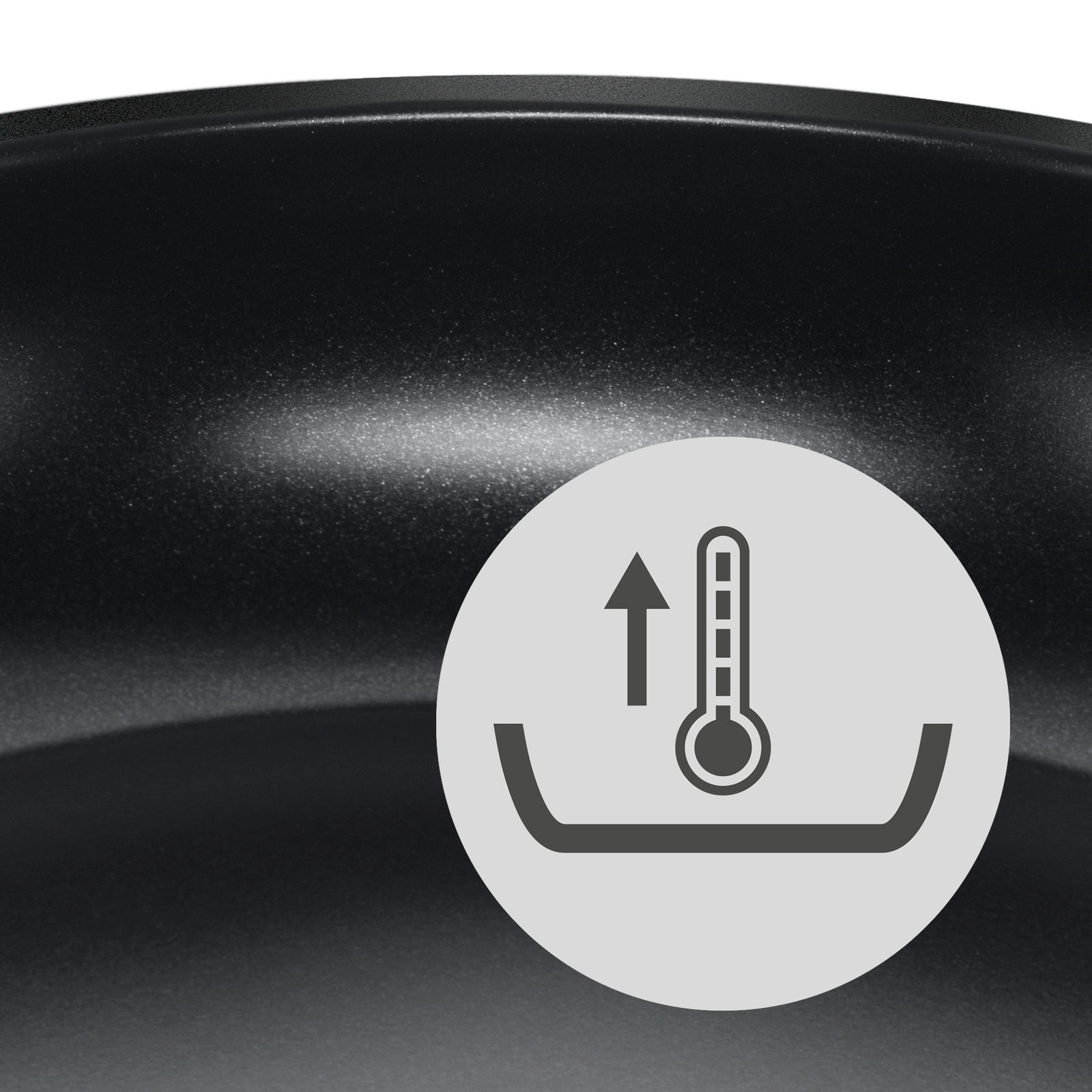 Nahaufnahme einer schwarzen Wokpfanne mit einem Symbol für Temperaturanzeige.