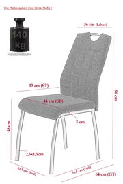 Seitenansicht eines modernen Stuhls mit gepolsterter Sitzfläche und Rückenlehne, Metallbeinen und einer Belastbarkeit von 140 kg.