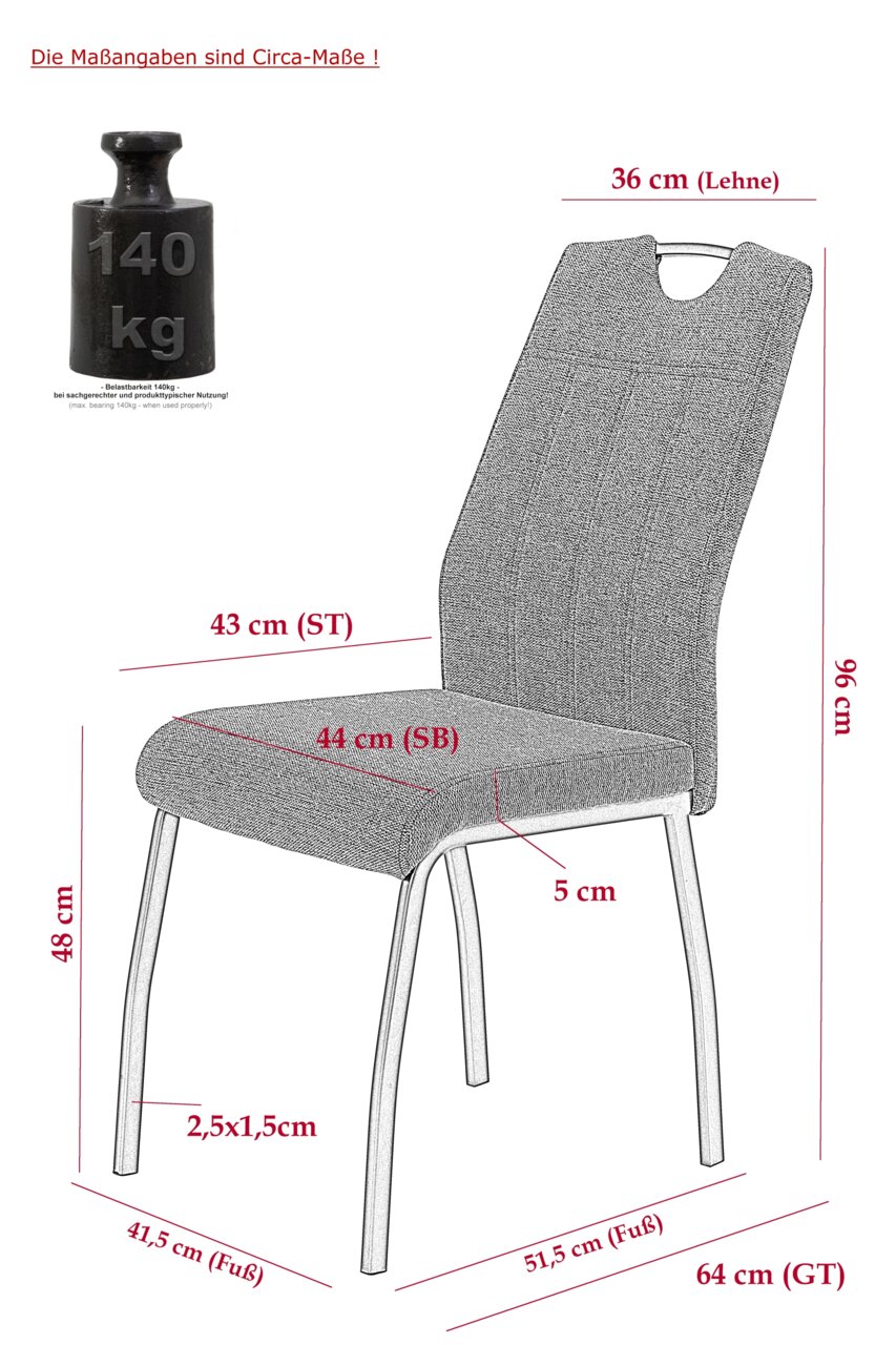 Seitenansicht eines modernen Stuhls mit gepolsterter Sitzfläche und Rückenlehne, Metallbeinen und einer Belastbarkeit von 140 kg.