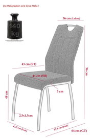 Seitenansicht eines modernen Stuhls mit gepolsterter Sitzfläche und Rückenlehne, Metallbeinen und einer Belastbarkeit von 140 kg.