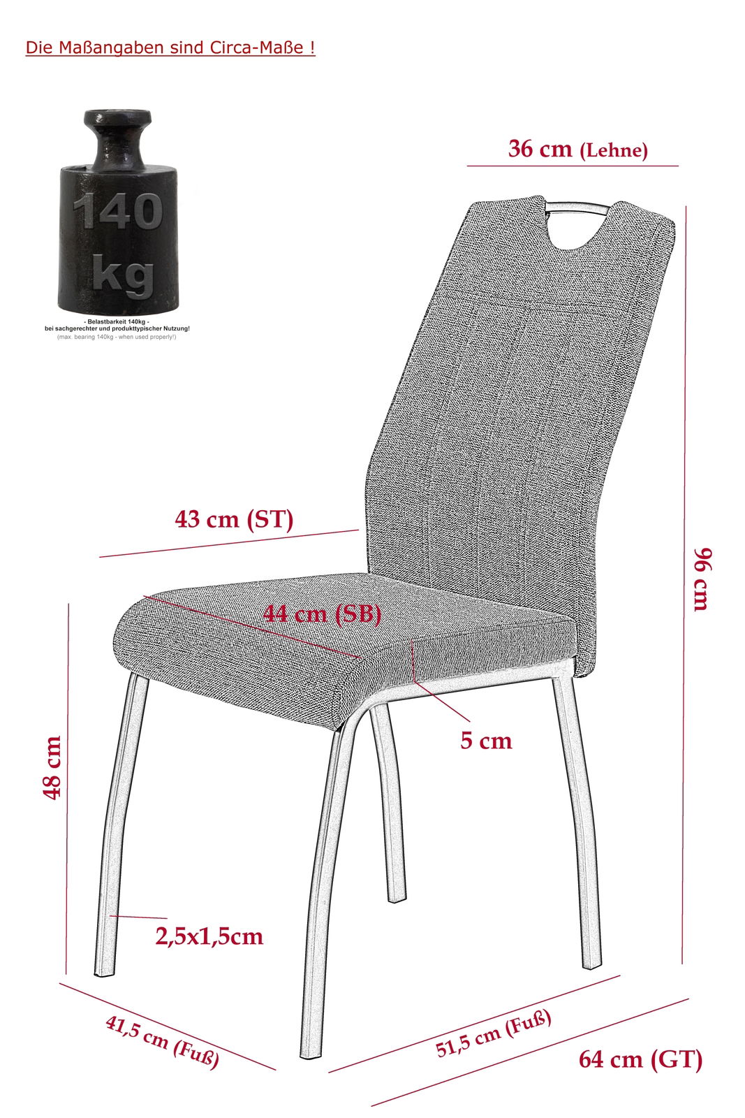 Seitenansicht eines modernen Stuhls mit gepolsterter Sitzfläche und Rückenlehne, Metallbeinen und einer Belastbarkeit von 140 kg.
