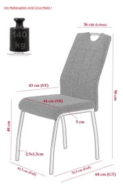 Seitenansicht eines modernen Stuhls mit gepolsterter Sitzfläche und Rückenlehne, Metallbeinen und einer Belastbarkeit von 140 kg.
