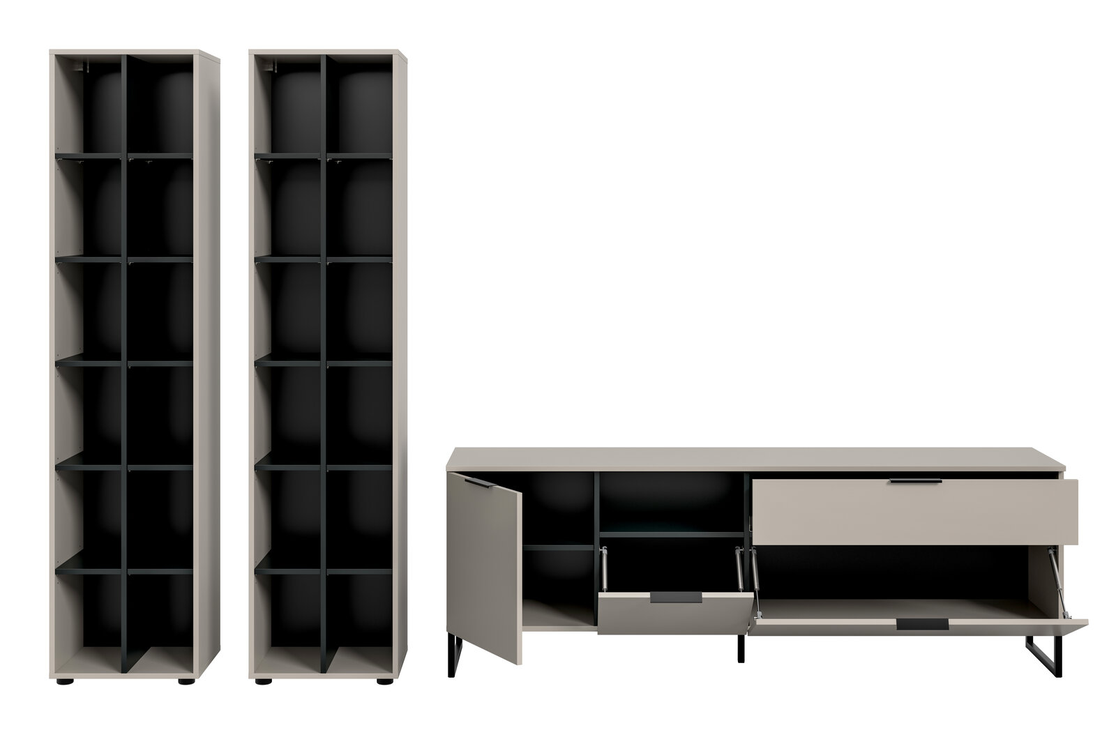 Modernes Möbel-Set in Beige mit schwarzen Innenfächern: zwei hohe Regale mit mehreren offenen Fächern und ein niedriges Sideboard auf schwarzen Füßen mit geöffneter Tür und Klappen, Frontansicht