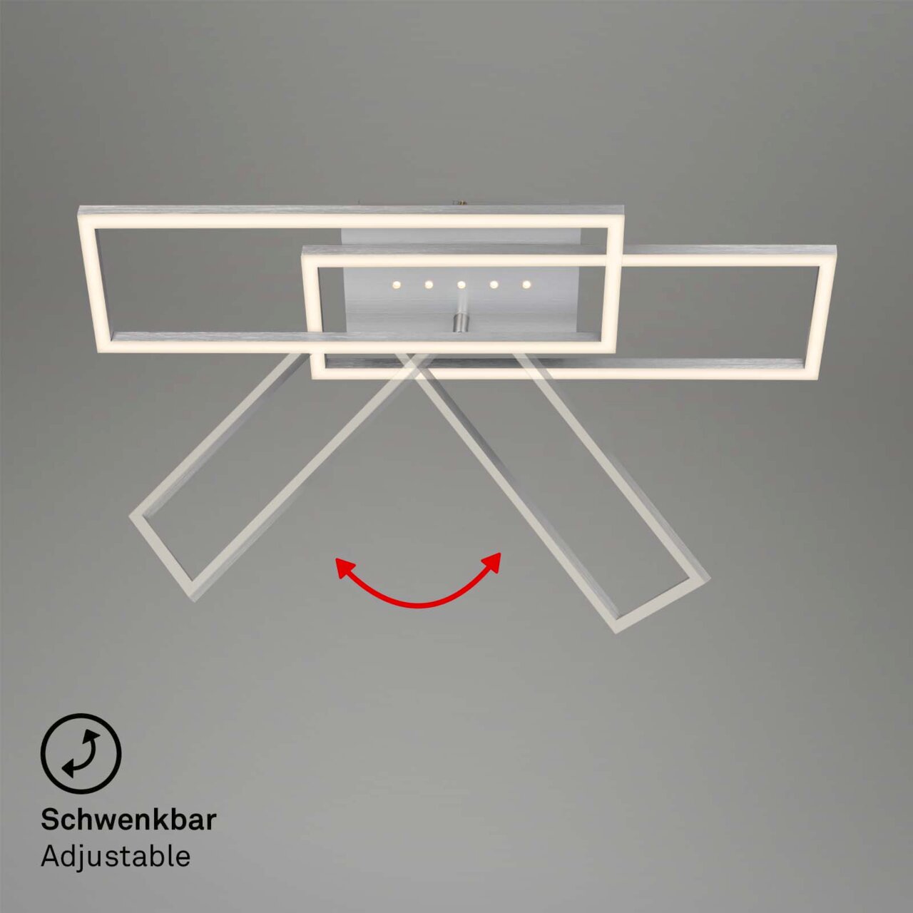 Moderne LED Deckenleuchte mit schwenkbaren rechteckigen Rahmen, Ansicht von unten.