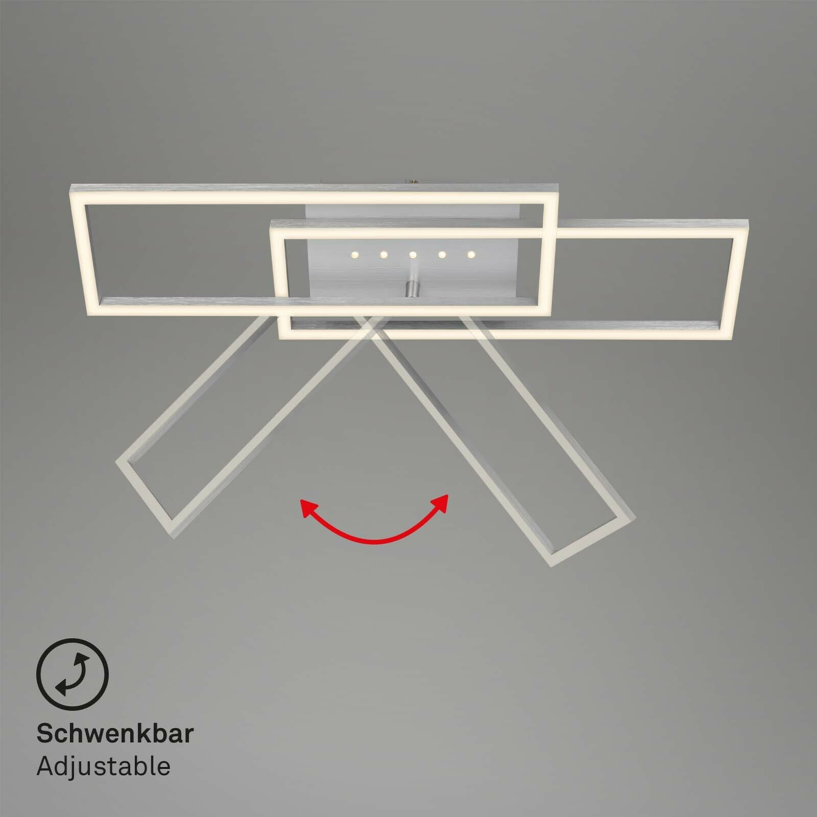 Moderne LED Deckenleuchte mit schwenkbaren rechteckigen Rahmen, Ansicht von unten.