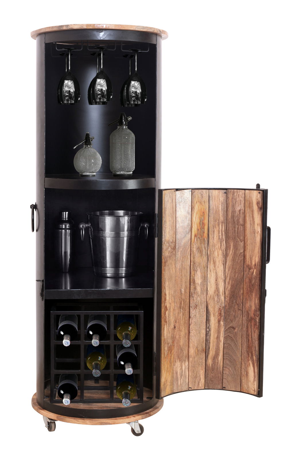 Offener Barschrank mit Gläserhaltern, Flaschenregal und Holzverkleidung, frontal betrachtet.