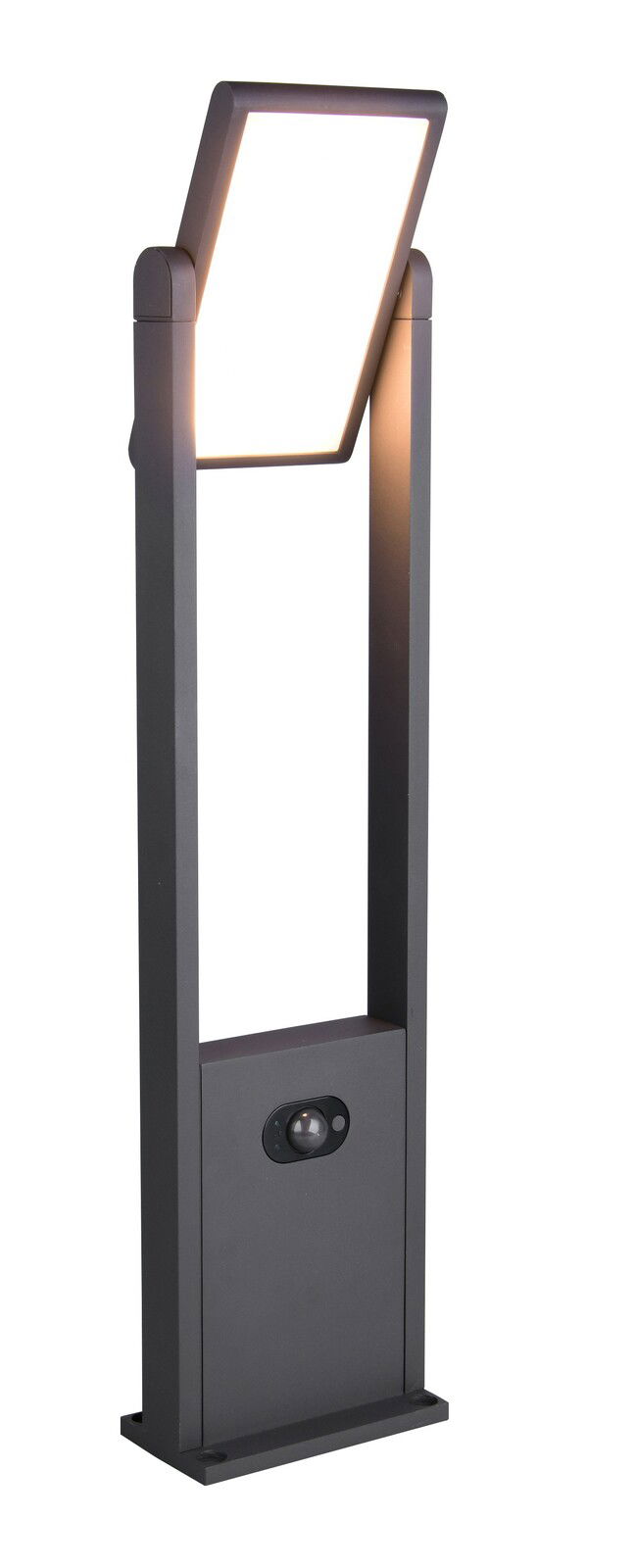 Moderne Außenleuchte mit rechteckigem Rahmen und integriertem Bewegungsmelder, seitliche Perspektive