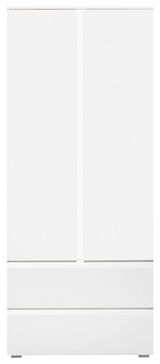 Weißer Mehrzweckschrank mit zwei Türen und zwei Schubladen, Frontalansicht