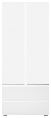 Weißer Mehrzweckschrank mit zwei Türen und zwei Schubladen, Frontalansicht