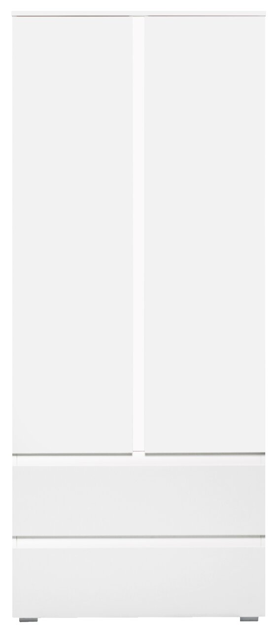 Weißer Mehrzweckschrank mit zwei Türen und zwei Schubladen, Frontalansicht