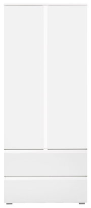 Weißer Mehrzweckschrank mit zwei Türen und zwei Schubladen, Frontalansicht