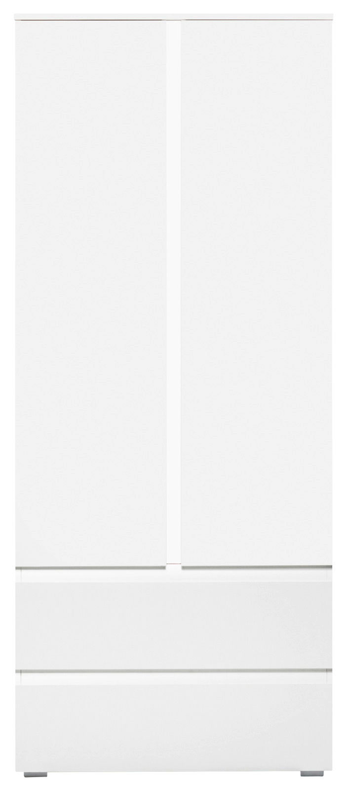 Weißer Mehrzweckschrank mit zwei Türen und zwei Schubladen, Frontalansicht