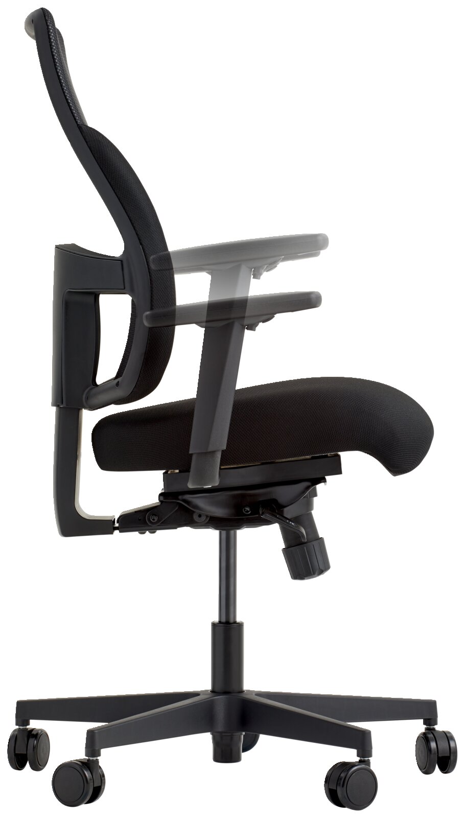 Moderne zwarte draaistoel met ergonomisch ontwerp, zijaanzicht