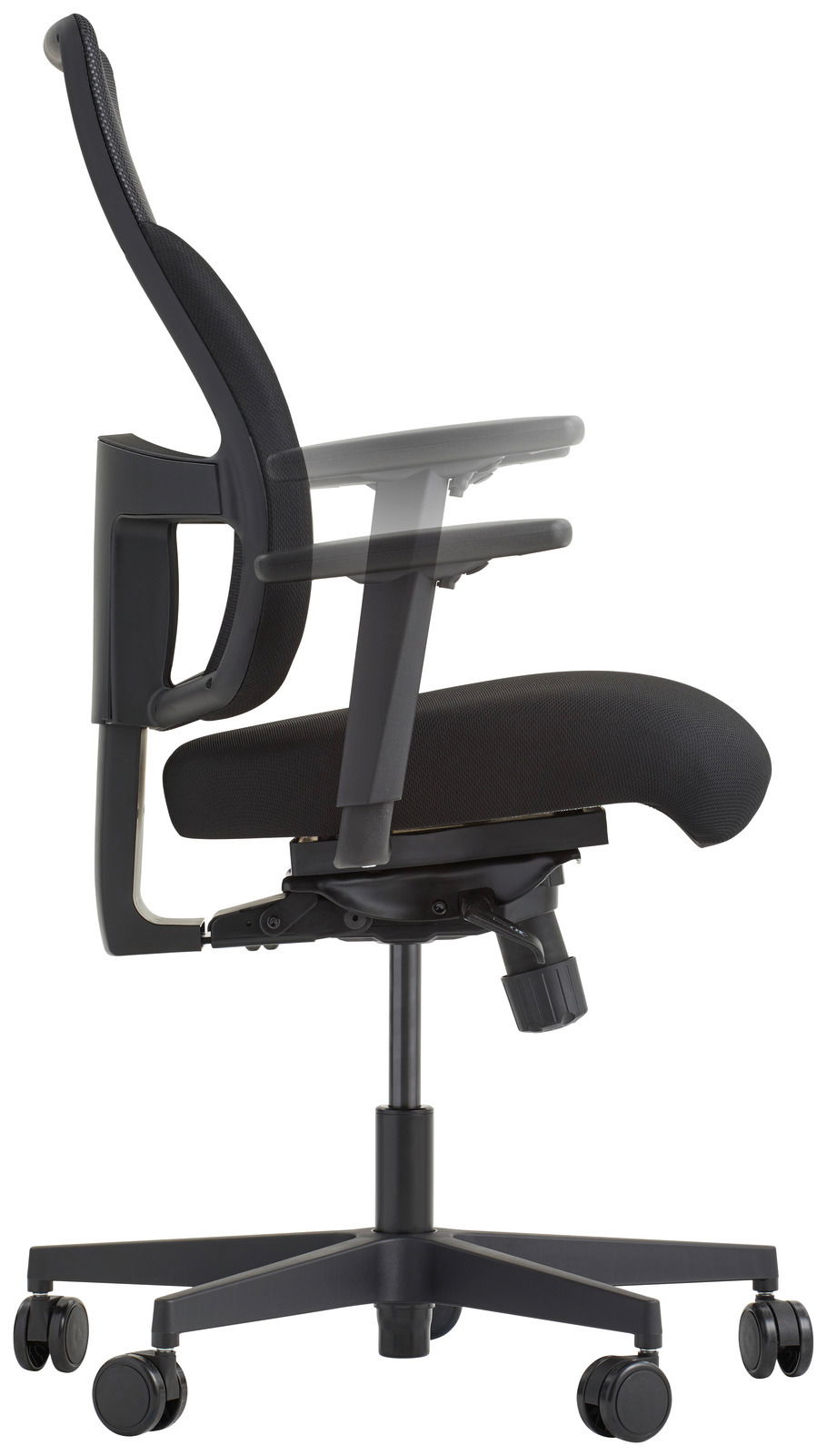 Moderner schwarzer Drehstuhl mit ergonomischem Design, Seitenansicht