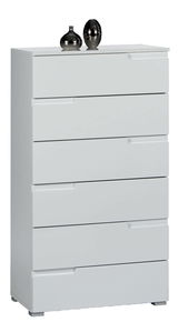 Weiße Hochkommode mit sechs Schubladen, dekoriert mit zwei metallischen Vasen auf der Oberseite, seitliche Perspektive