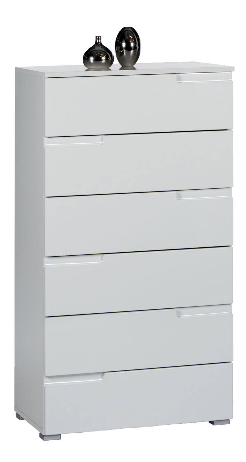 BOXXX Hochkommode SILAS Weiße Hochkommode mit sechs Schubladen, dekoriert mit zwei metallischen Vasen auf der Oberseite, seitliche Perspektive