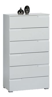 Weiße Hochkommode mit sechs Schubladen, dekoriert mit zwei metallischen Vasen auf der Oberseite, seitliche Perspektive