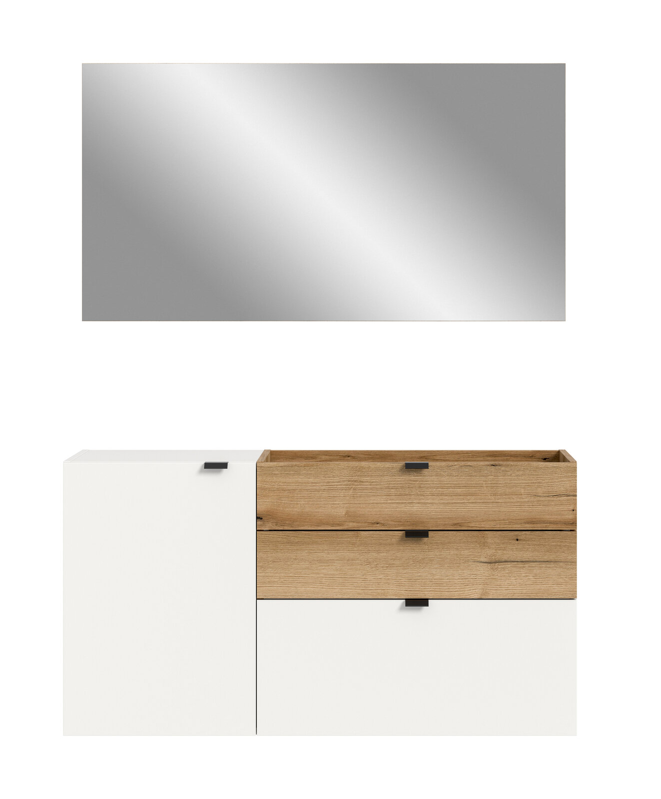 Modernes Badmöbel-Set mit großem rechteckigen Spiegel und Waschtischunterschrank in Weiß und Eiche-Optik mit schwarzen Griffen, Frontansicht