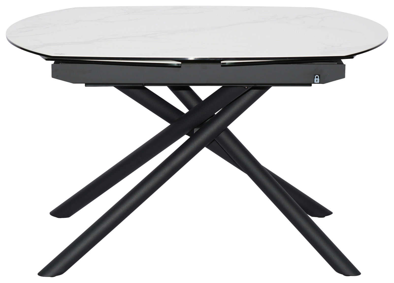 Moderner Esstisch mit weißer Marmoroptik-Tischplatte und schwarzen, überkreuzten Beinen, seitliche Perspektive