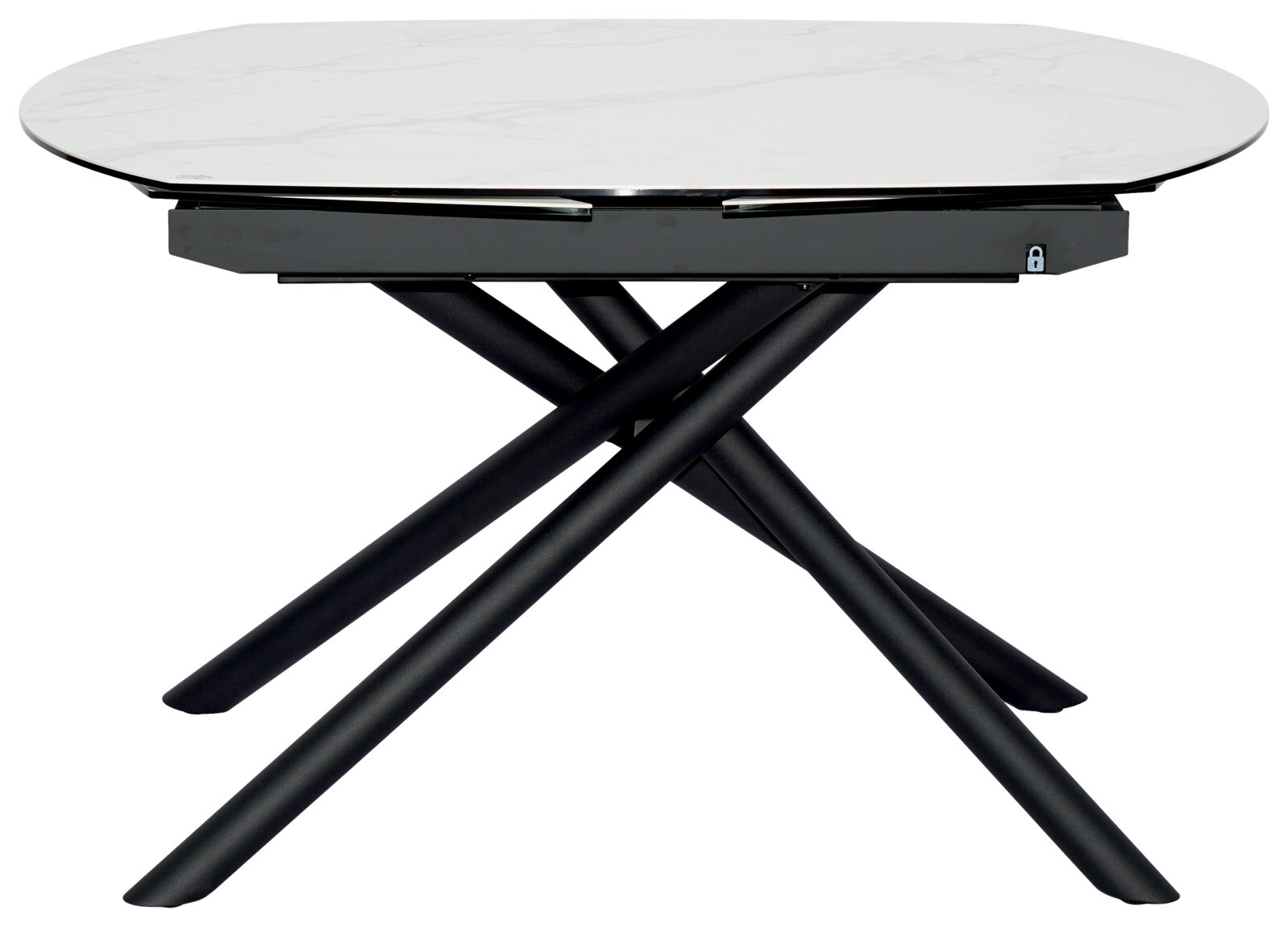 Moderner Esstisch mit weißer Marmoroptik-Tischplatte und schwarzen, überkreuzten Beinen, seitliche Perspektive