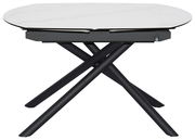 Moderner Esstisch mit weißer Marmoroptik-Tischplatte und schwarzen, überkreuzten Beinen, seitliche Perspektive