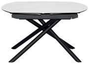 Moderne eettafel met een tafelblad in witte marmerlook en zwarte, gekruiste poten, zijaanzicht