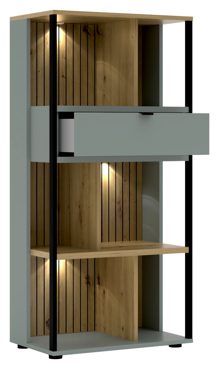 Modernes Büroregal mit Holz- und Metallelementen, beleuchtet, aus frontaler Perspektive.