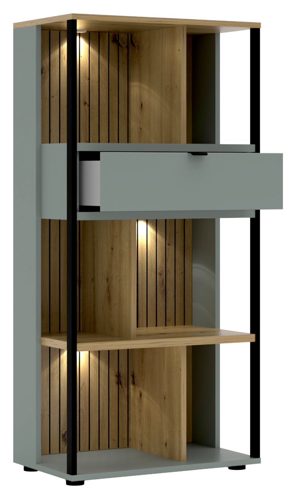 Modernes Büroregal mit Holz- und Metallelementen, beleuchtet, aus frontaler Perspektive.