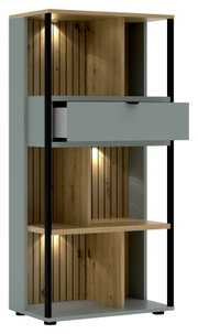 Modernes Büroregal mit Holz- und Metallelementen, beleuchtet, aus frontaler Perspektive.