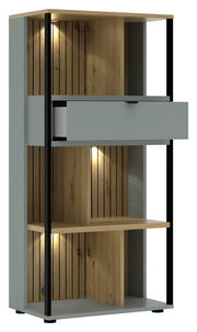 Modernes Büroregal mit Holz- und Metallelementen, beleuchtet, aus frontaler Perspektive.