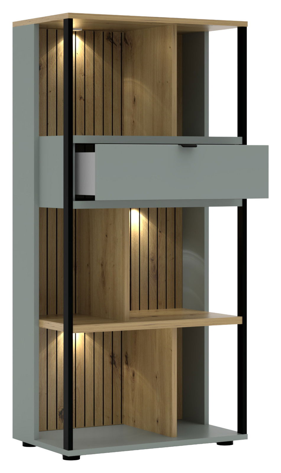 Modernes Büroregal mit Holz- und Metallelementen, beleuchtet, aus frontaler Perspektive.