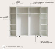 Offener Dreh- und Schwebetürenschrank mit vier Türen, zwei großen Fächern mit Kleiderstangen und mehreren Einlegeböden, melaminbeschichtet, Frontansicht.