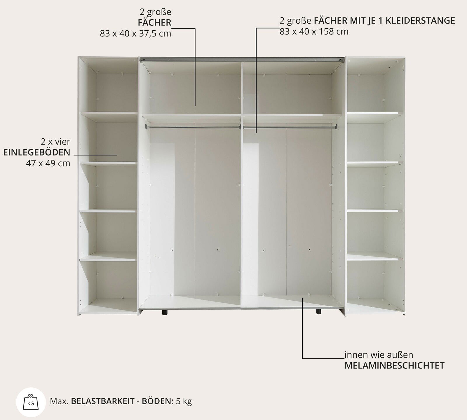 Offener Dreh- und Schwebetürenschrank mit vier Türen, zwei großen Fächern mit Kleiderstangen und mehreren Einlegeböden, melaminbeschichtet, Frontansicht.