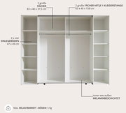 Offener Dreh- und Schwebetürenschrank mit vier Türen, zwei großen Fächern mit Kleiderstangen und mehreren Einlegeböden, melaminbeschichtet, Frontansicht.
