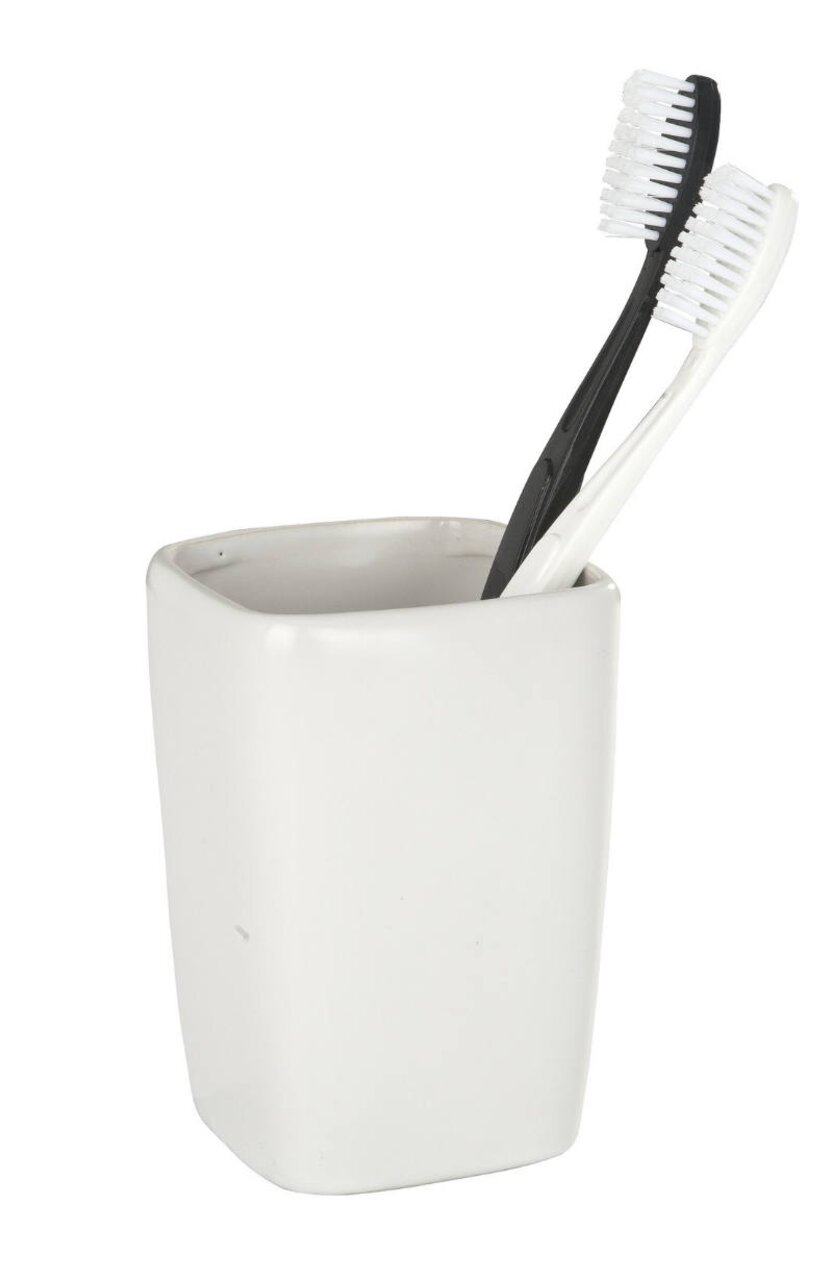 Keramik Zahnputzbecher Faro in Weiß mit zwei Zahnbürsten, seitliche Perspektive