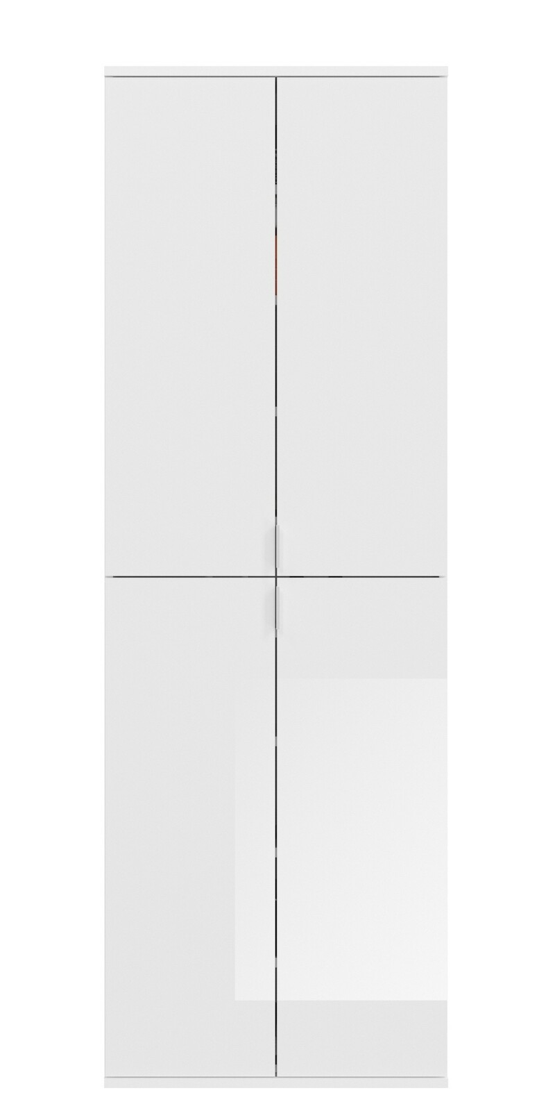 Frontansicht eines weißen, modernen Garderobenschranks mit vier Türen.